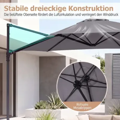 290 cm konzolový slunečník se stojanem, klikou a dvojitou stříškou, otočný o 360° na balkón, šedý