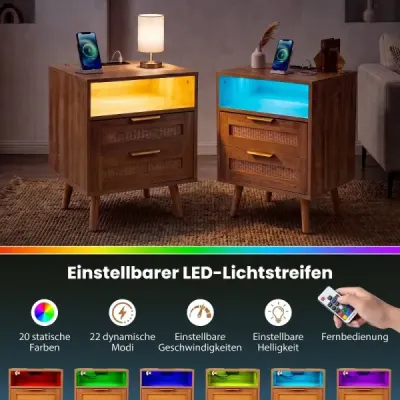 Noční stolek s nabíjecí stanicí a LED osvětlením se 2 zásuvkami, odkládací stolek s ratanovým vzhledem, přírodní