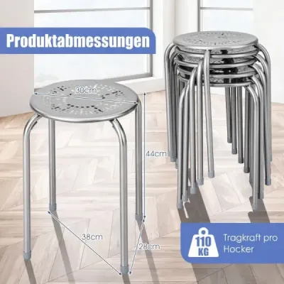 Sada 6 stohovatelných kovových stoliček, kulaté jídelní stoličky s robustním kovovým rámem, šedá