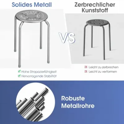 Sada 6 stohovatelných kovových stoliček, kulaté jídelní stoličky s robustním kovovým rámem, šedá