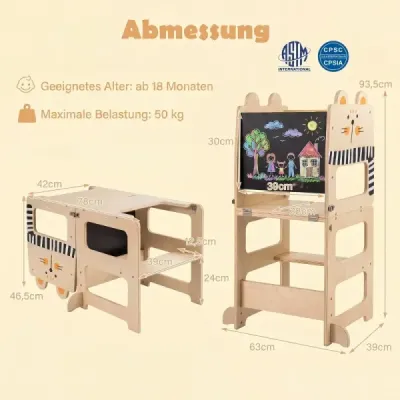 Skládací dřevěná vzdělávací věž 3 v 1, nosnost do 50 kg, pro děti od 18 měsíců, 63 x 39 x 93,5 cm, přírodní