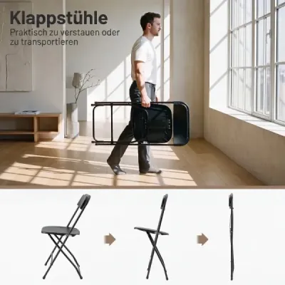 Skládací židle, sada 4 kusů, zahradní židle odolné proti povětrnostním vlivům s kovovým rámem, nosnost do 150 kg, plastové balkonové židle, černé