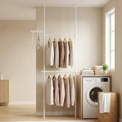 Teleskopický věšák na oblečení, výškově a šířkově nastavitelný, kovový věšák na oblečení se 2 tyčemi, bílý