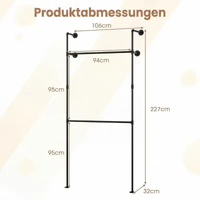 Nástěnná šatní tyč pro otevřenou kovovou šatní skříň se 2 tyčemi, 106 x 32 x 227 cm, černá