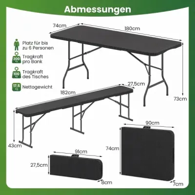 Skládací zahradní stůl v ratanovém vzhledu s HDPE deskou a rukojetí, kempingový stůl, černý