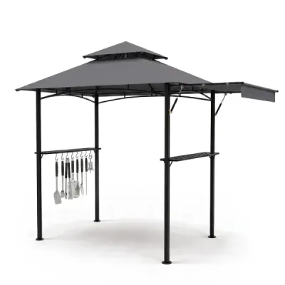 Grilovací pavilon s dvojitou střechou a výsuvnou boční markýzou, zahradní pavilon s kovovými policemi, 247 x 150 x 254 cm