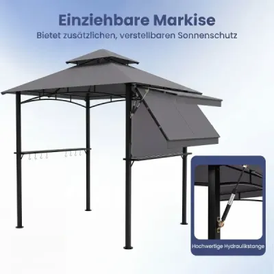 Grilovací pavilon s dvojitou střechou a výsuvnou boční markýzou, zahradní pavilon s kovovými policemi, 247 x 150 x 254 cm