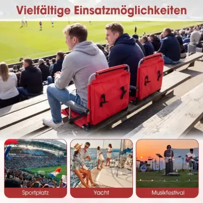 Sada 2 přenosných stadionových sedadel s opěradlem, skládací tribunové židle s ramenním popruhem a držákem na nápoje, červená