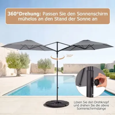 290 cm konzolový slunečník se stojanem, klikou a dvojitou stříškou, otočný o 360° na balkón, béžový