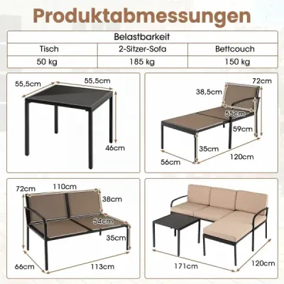 Zahradní nábytek, 3dílná sada balkonového nábytku s dvoumístnou pohovkou, pohovkou ve tvaru L a konferenčním stolkem, khaki