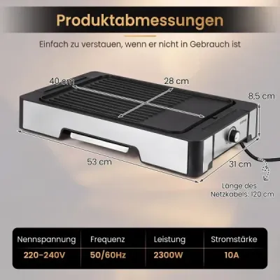 Elektrický gril Stolní gril 2300W s nepřilnavou grilovací deskou a miskou na odkapávání tuku 53 x 31 x 8,5 cm Černý