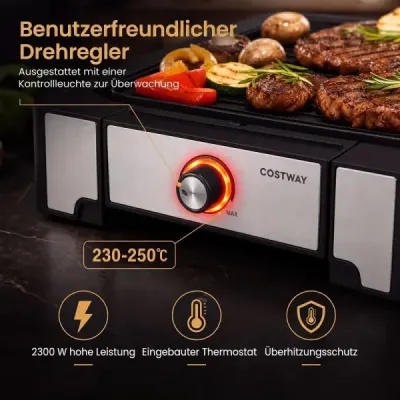 Elektrický gril Stolní gril 2300W s nepřilnavou grilovací deskou a miskou na odkapávání tuku 53 x 31 x 8,5 cm Černý