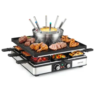 Raclette gril s funkcí fondue, elektrický gril s výkonem 2200 W pro 8 osob s nepřilnavou grilovací deskou a 8 pánvemi