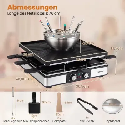 Raclette gril s funkcí fondue, elektrický gril s výkonem 2200 W pro 8 osob s nepřilnavou grilovací deskou a 8 pánvemi