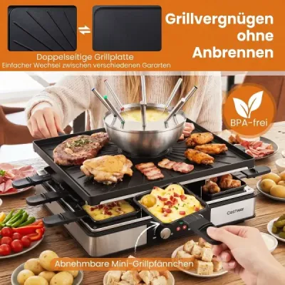 Raclette gril s funkcí fondue, elektrický gril s výkonem 2200 W pro 8 osob s nepřilnavou grilovací deskou a 8 pánvemi