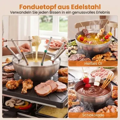 Raclette gril s funkcí fondue, elektrický gril s výkonem 2200 W pro 8 osob s nepřilnavou grilovací deskou a 8 pánvemi