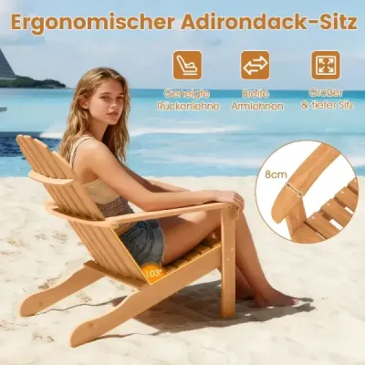 Sada 2 zahradních židlí Adirondack z akáciového dřeva se šikmým sedákem a vysokým opěradlem, přírodní povrchová úprava