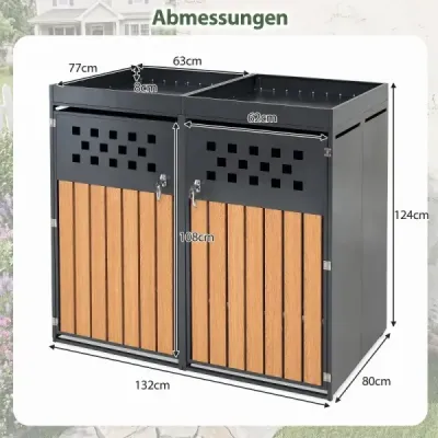 Úložný box na 2 popelnice, vyrobený z pozinkované oceli se zelenou střechou, 132 x 80 x 124 cm, černý