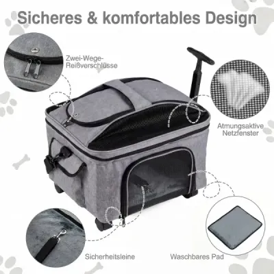 Skládací přepravka pro kočky s rukojetí a kolečky, do 15 kg, přenosná, 43 x 33 x 35 cm, černá