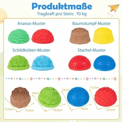 8 kusů balančních kamenů, půlkulaté míčky na jógu z PVC s protiskluzovým povrchem, pro děti od 3 let, barevné