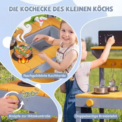 Blátinová kuchyně, dětská venkovní herní kuchyňka s kamny a květináčem, dětská kuchyňka z jedlového dřeva, žlutá