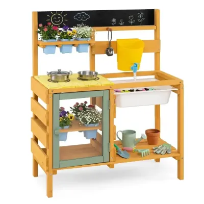 Dětská bahenní kuchyňka, venkovní hrací kuchyňka, dřevěná s nádrží na vodu, pro děti od 3 let, 69 x 29 x 85 cm, žlutá