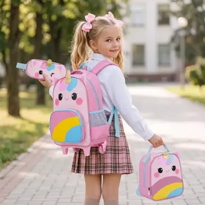 Dětský školní batoh Unicorn s kolečky, 3-dílná sada batohů na kolečkách Unicorn Multicolor S