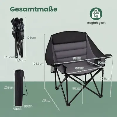 Sada 2 skládacích kempingových židlí se sedákem a držákem na nápoje, nosnost až 230 kg, černá