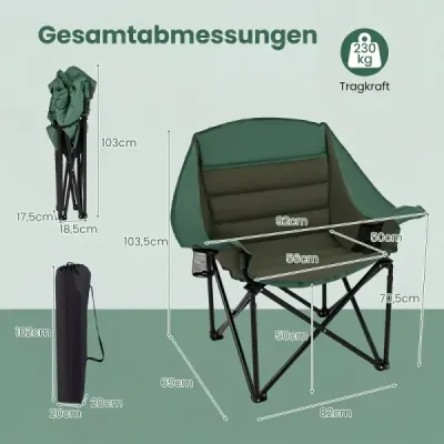 Sada 2 skládacích kempingových židlí se sedáky a držáky na nápoje, nosnost až 230 kg, zelená