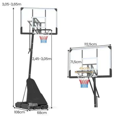 Basketbalový koš se stojanem 245–305 cm Výškově nastavitelný basketbalový systém s vracením míče