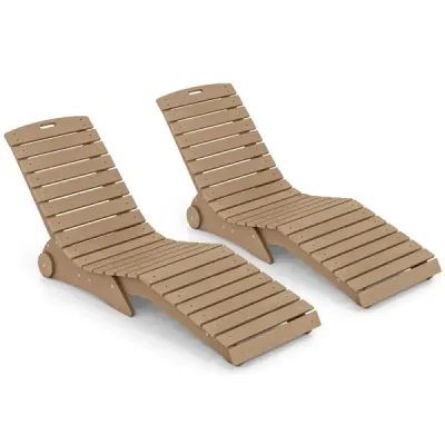 Sada 2 lehátek z HDPE, ergonomická zahradní lehátka ve tvaru S, plážová lehátka odolná vůči povětrnostním vlivům s kolečky, hnědé