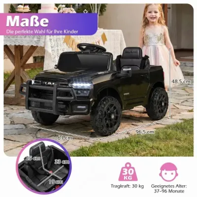 Dětské elektrické auto RAM 3500 12V se 2 motory 25W pro děti od 3 let, 3,1–5 km/h, černé