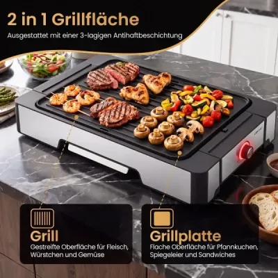 Elektrický gril Stolní gril 2300W s nepřilnavou grilovací deskou a miskou na odkapávání tuku 53 x 31 x 8,5 cm Černý
