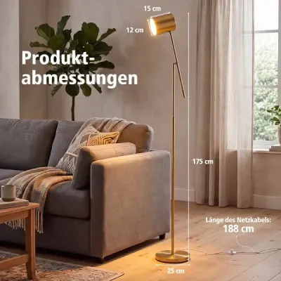 Stojací lampa 175 cm, lampa na čtení s nastavitelnou hlavou a ramenem, lampa do obývacího pokoje s paticí E27, zlatá