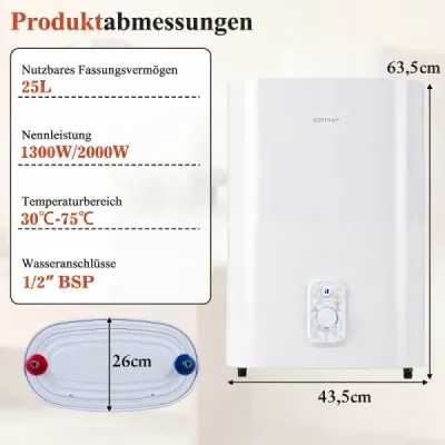 Zásobník teplé vody o objemu 25 l s dvojitou nádrží, režim ohřevu 1300 W a 2000 W, 30 - 75 ℃