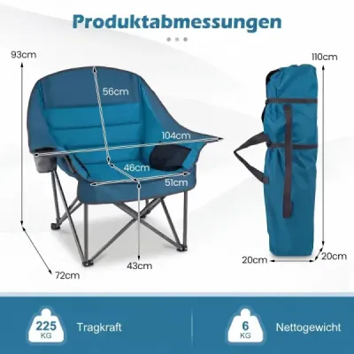 Sada 2 skládacích kempingových židlí, polstrované skládací židle s držáky na nápoje, nosnost až 225 kg, modré