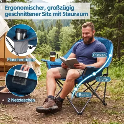 Sada 2 skládacích kempingových židlí, polstrované skládací židle s držáky na nápoje, nosnost až 225 kg, modré