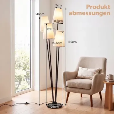 Stojací lampa se 4 žárovkami, nožním spínačem a 4 stínidly. Moderní stojací lampa, 25 x 25 x 160 cm.