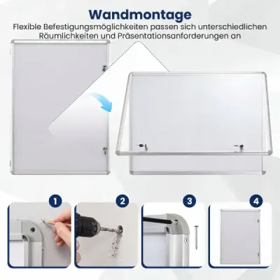 Uzamykatelná vitrína s informačním panelem, magnetickou a popisovatelnou zadní stěnou, 90 x 65 cm, stříbrná