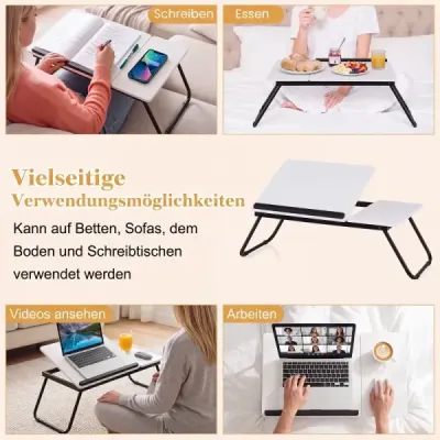 Přenosný stolek na notebook, skládací stojan na počítač na pohovku a postel, multifunkční stolek na notebook, bílý
