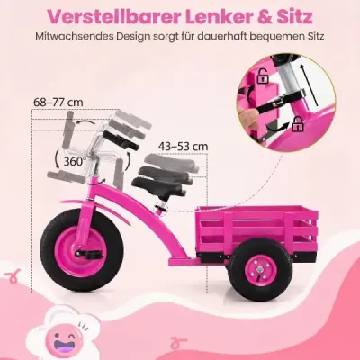Dětské tříkolové kolo, nosnost do 91 kg, s nastavitelným sedadlem a řídítky, pro děti od 3 let, růžové