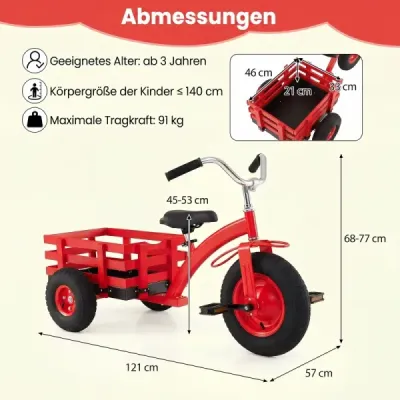 Dětské tříkolové kolo, nosnost do 91 kg, s nastavitelným sedadlem a řídítky, pro děti od 3 let, červené
