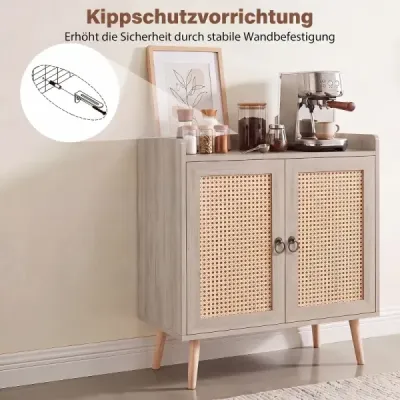 Příborník s ratanovými dvířky, kuchyňská linka, dřevěný s pracovní deskou a nastavitelnými policemi, 67 × 38 × 77 cm, hnědý