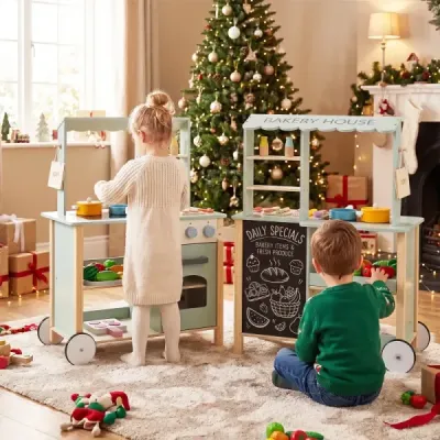 Dřevěná dětská kuchyňka, hrací kuchyňka s posuvnou rukojetí, hracím vařičem a kolečky pro děti od 3 let