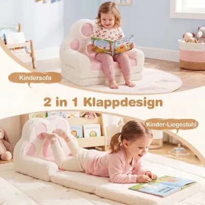 Dětská pohovka 2 v 1, dětské křeslo, rozkládací dětská pohovka s odnímatelným potahem v designu medvědí tlapky, růžová