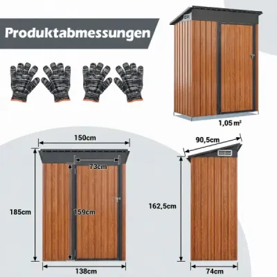 Kovová zahradní bouda 150 x 90,5 x 185 cm, kůlna na nářadí o objemu 1,5 m³ s pultovou střechou, hnědá