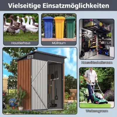 Kovová zahradní bouda 150 x 90,5 x 185 cm, kůlna na nářadí o objemu 1,5 m³ s pultovou střechou, hnědá