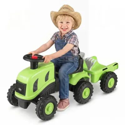 Dětský traktor s přívěsem, klaksonem a ergonomickým sedadlem, 2v1 odrážedlo, nosnost 25 kg, zelený