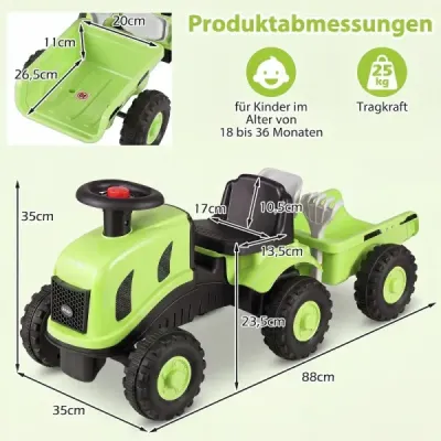 Dětský traktor s přívěsem, klaksonem a ergonomickým sedadlem, 2v1 odrážedlo, nosnost 25 kg, zelený
