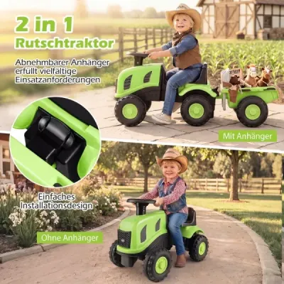Dětský traktor s přívěsem, klaksonem a ergonomickým sedadlem, 2v1 odrážedlo, nosnost 25 kg, zelený